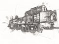 Small locomotive, steam, photography, rusty, wagon, train, art, illustration, drawing, sketch, antique, retro, vintage.