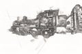 Small locomotive, steam, photography, rusty, wagon, train, art, illustration, drawing, sketch, antique, retro, vintage.