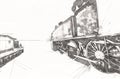 Small locomotive, steam, photography, rusty, wagon, train, art, illustration, drawing, sketch, antique, retro, vintage.