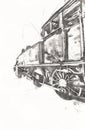 Small locomotive, steam, photography, rusty, wagon, train, art, illustration, drawing, sketch, antique, retro, vintage.