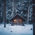 A small log cabin in the middle of a snowy forest, AI Royalty Free Stock Photo