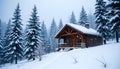 Small Log Cabin Among Snowy Pine Trees In Misty Winter Landscape Royalty Free Stock Photo