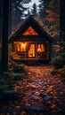 a small log cabin in the woods at night Royalty Free Stock Photo