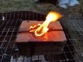 Small log fire burns, type of Finnish candle, top view