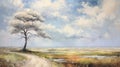 Lively Coastal Landscape: Oil Painting Of A Lone Tree In A Marsh Royalty Free Stock Photo