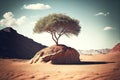 small lonely tree growing on sandy desert hill against background of large rock