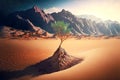 small lonely tree sprout rising from sand into hot empty against backdrop of beaful mountains