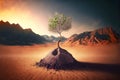 small lonely tree sprout rising from sand into hot empty against backdrop of beaful mountains