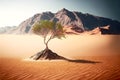 small lonely tree sprout rising from sand into hot empty against backdrop of beaful mountains