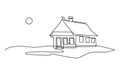 Small lonely wooden house in the field. Landscape at sunset Continuous line drawing. Vector illustration