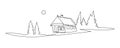 Small lonely wooden house in the Spruce forest. Landscape at sunset Continuous line drawing illustration