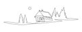 Small lonely wooden house in the Spruce forest. Landscape at sunset Continuous line drawing. Vector illustration