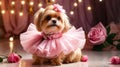 Small long-haired dog wearing pink dress with ruffles and flower in its fur. Generative AI Royalty Free Stock Photo
