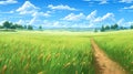 a small long path in a summer inspired grass field, anime landscape