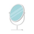 Small makeup mirror in circle frame on stand vector illustration cosmetic with silver metal border