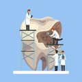 Small Male Doctors in White Lab Coats Treating Giant Unhealthy Tooth with Caries Dental Problems Vector Illustration