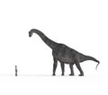 Small man face to face with big brachiosaurus dinosaurs Royalty Free Stock Photo