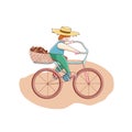 A small man in a hat rides a bicycle and carries coffee beans in the trunk. Vector illustration Royalty Free Stock Photo