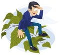 Small man is sitting on large leaves of tree. Illustration for internet and mobile website