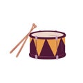 Small march drum with drumsticks. Percussion rhythm music instrument with sticks. Flat vector illustration isolated on