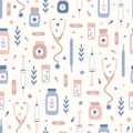 Small medical objects and plants. Seamless pattern