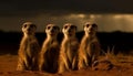 Small meerkat family standing alert, watching wilderness dusk generated by AI