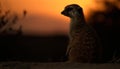 Small meerkat standing alert, watching the sunset generated by AI Royalty Free Stock Photo