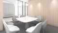 A small meeting room for 8 seats in an office building., 3d rendering