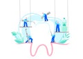 Small men treat, clean big tooth dental insturment. Dentistry work concept. Handdraw vector illustration Royalty Free Stock Photo