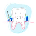 Small men treat, clean big tooth dental insturment. Dentistry work concept. Handdraw vector illustration Royalty Free Stock Photo