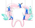 Small men treat, clean big tooth dental insturment. Dentistry work concept. Handdraw vector illustration Royalty Free Stock Photo