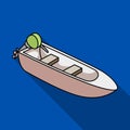Small metal boat with motor for fishing.Boat for river or lake fishing.Ship and water transport single icon in flat