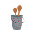 Small metal bucket with two wooden spoons cartoon vector Illustration