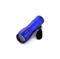 Small metal led flashlight in blue color on white background Royalty Free Stock Photo