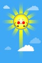 A midday sun is pushing and emites rays of light and heat. Cute illustration, vector vertical orientation