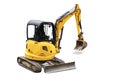Small or mini yellow excavator isolated on white background. Construction equipment for earthworks in cramped conditions. Rental Royalty Free Stock Photo