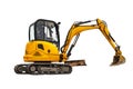 Small or mini yellow excavator isolated on white background. Construction equipment for earthworks in cramped conditions. Rental Royalty Free Stock Photo