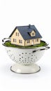 Small miniature house model with green moss sitting inside a kitchen colander on white background Royalty Free Stock Photo