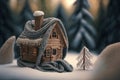 A small miniature house with a scarf in the winter forest. Concept of heating season. Thermal insulation of a building or dwelling