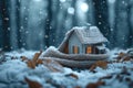 A small miniature house with a scarf in the winter forest. Concept of heating season. Thermal insulation of a building or dwelling