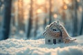 A small miniature house with a scarf in the winter forest. Concept of heating season. Thermal insulation of a building or dwelling