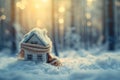 A small miniature house with a scarf in the winter forest. Concept of heating season. Thermal insulation of a building or dwelling