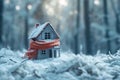 A small miniature house with a scarf in the winter forest. Concept of heating season. Thermal insulation of a building or dwelling