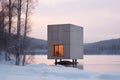 a small, minimalist cube house situated in a snowy landscape