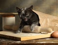 Small mischievous black kitten got into a bag of flour