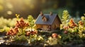 A small model of a toy country house against the backdrop of nature