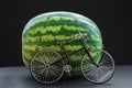 Small model of vintage bicycle near watermelon