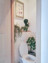 Small modern bathroom with multiple plants. Tropical jungle concept