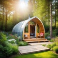 Small modern and elegant barrell wooden cabin tiny house and garden with two sun luxury glamping