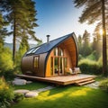 Small modern and elegant barrell wooden cabin tiny house and garden with two sun luxury glamping